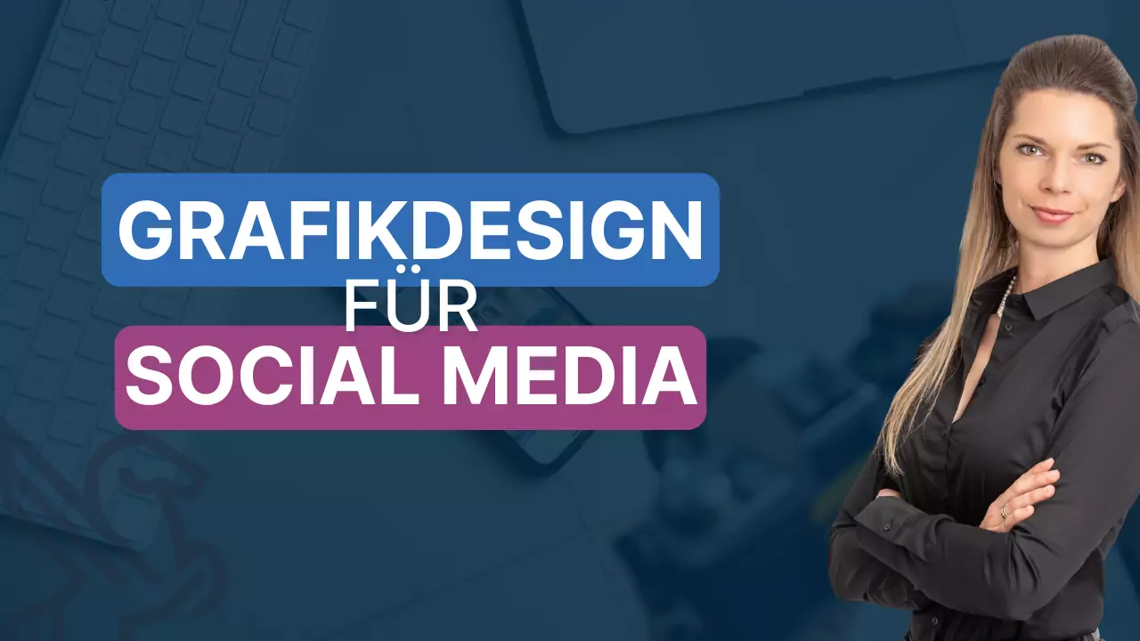 Online-Marketing-Managerin von Againstmedia vor Arbeitsplatz-Hintergrund mit dem Titel: Grafikdesign für Social Media.