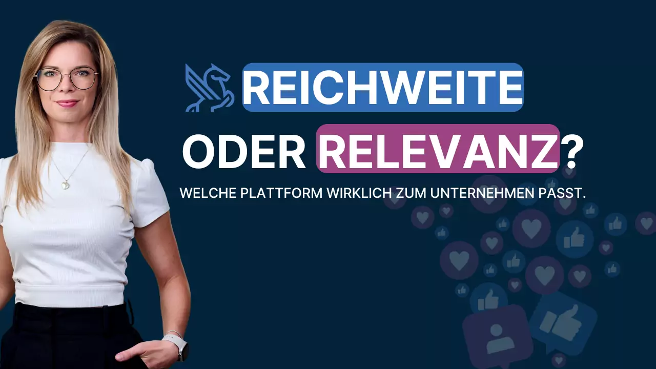 Online-Marketing-Managerin von Againstmedia mit Brille vor Like-Symbolen mit dem Titel: Reichweite oder Relevanz? Welche Plattform wirklich passt.