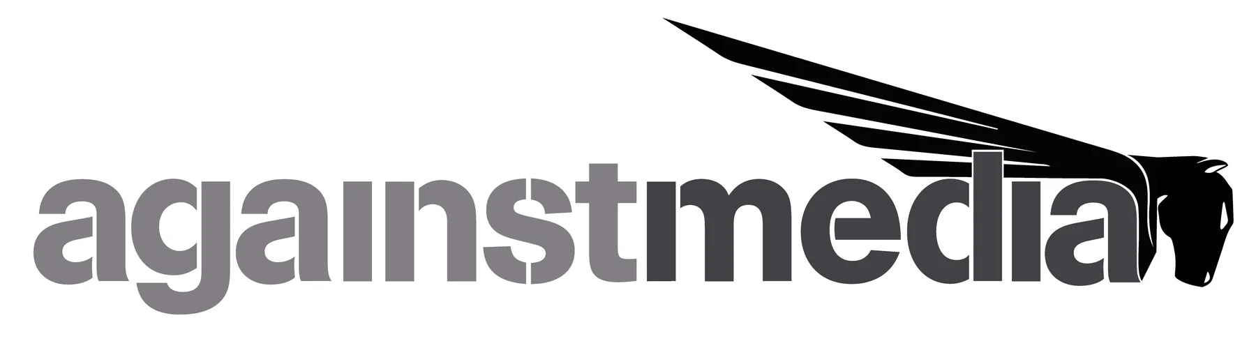 Früheres Againstmedia Gesamtlogo mit grauer Wortmarke und klassischem Pegasus