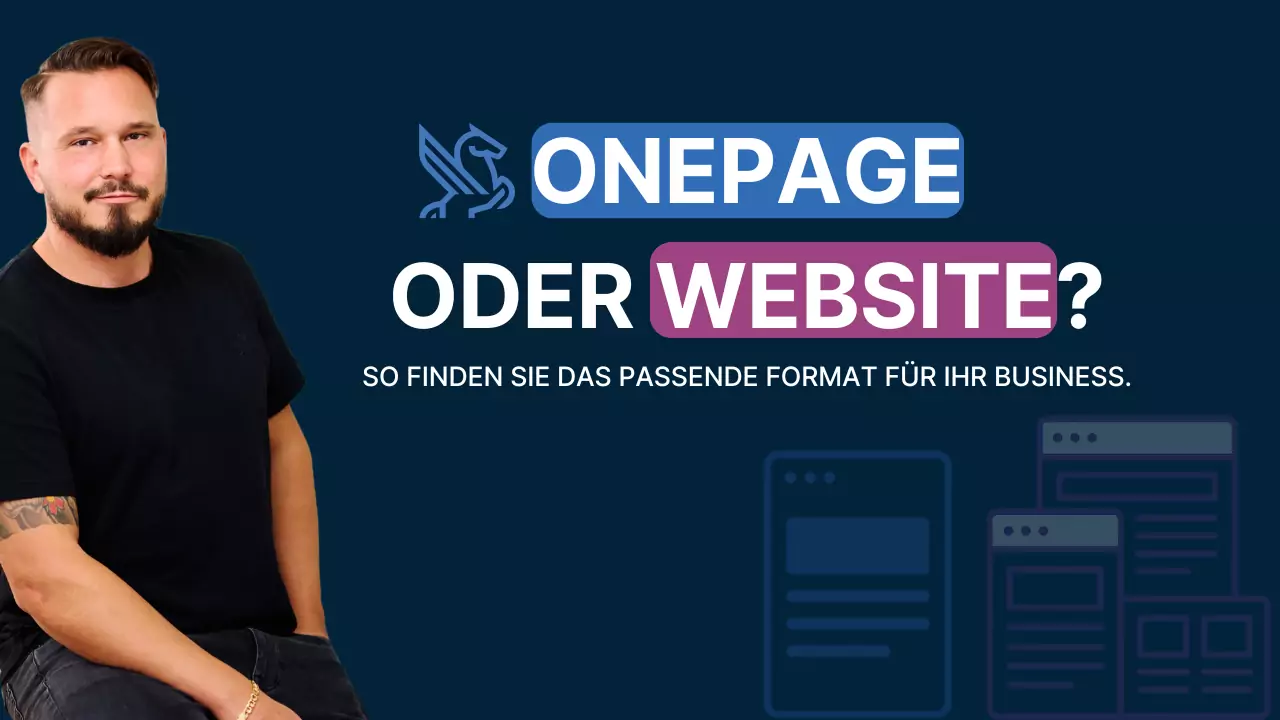 Geschäftsführer von Againstmedia vor Website-Grafiken mit dem Titel: Onepage oder Website? Das passende Format für Ihr Business.